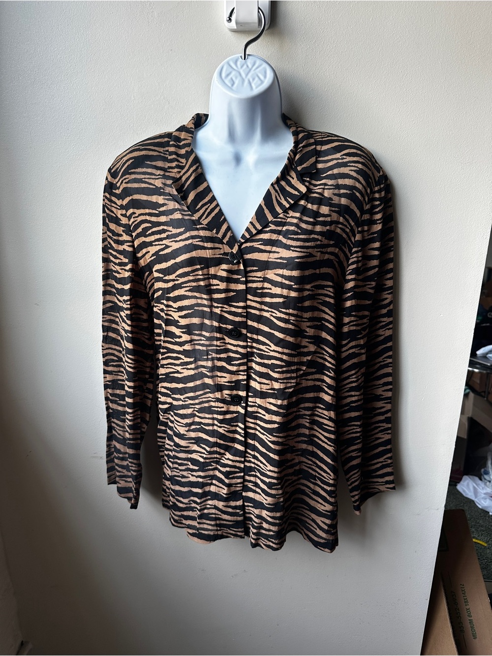 Zebra Print Semi Sheer Button Up Blouse Brown Black Animal Print 90s Y2K, 14